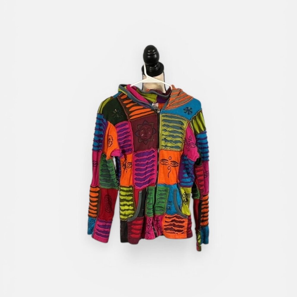 Colorful Patchwork Hoodie – Handmade Nepal Cotton Boho Zip Jacket (M/L)